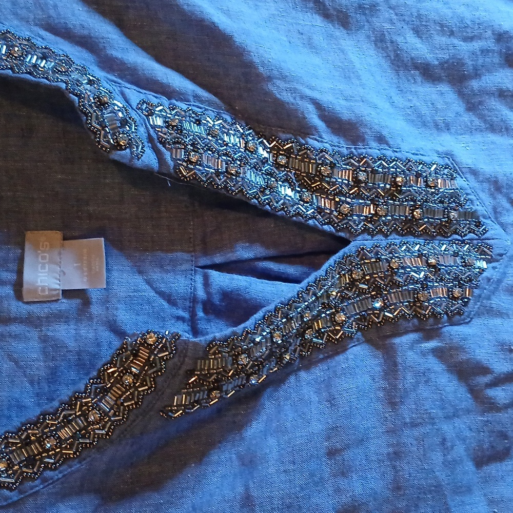 Chico's Linen Embellished Tunic Dress Size 1 Denim Blue - Picture 1 of 9